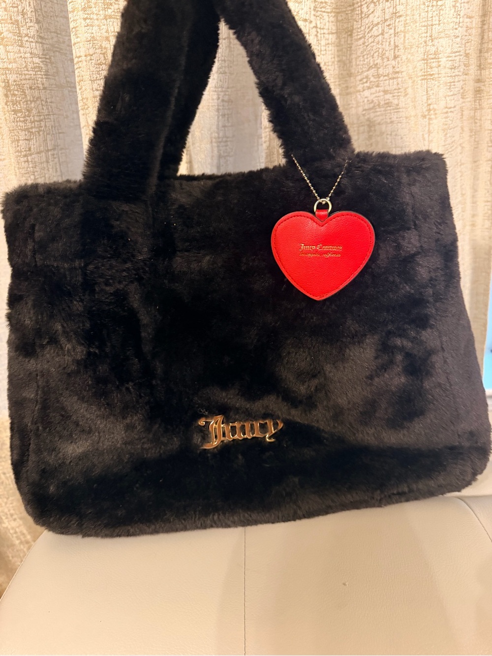 Juicy Couture Black Faux Fur Tote with Red Heart Charm
